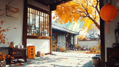 秋日金色古朴庭院建筑