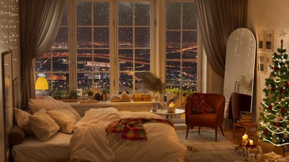 唯美冬日雪天都市夜晚房间