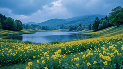 静谧湖畔黄花山野风景