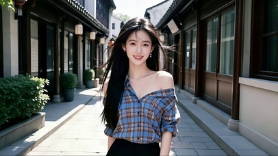古典小巷的时尚露肩衫长发美女