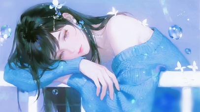 静谧蓝趴睡的少女