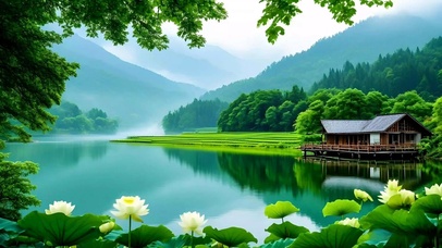 绿色护眼山水荷花小屋