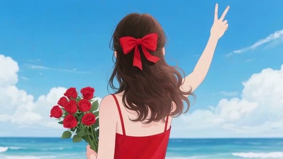 海边捧花比耶的少女