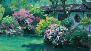 护眼绿景树木河流带鱼屏
