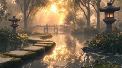 庭院黄昏池塘静谧风景