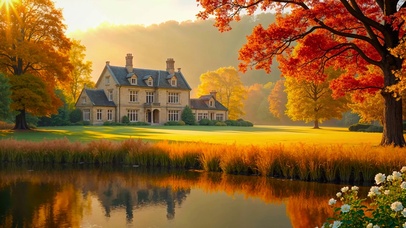 清晨阳光秋天庄园 