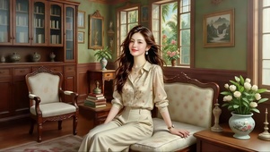 古典书房沙发上的长发美女