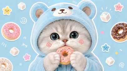 可爱萌猫吃甜甜圈