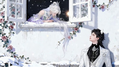 冬日雪景窗边浪漫情侣
