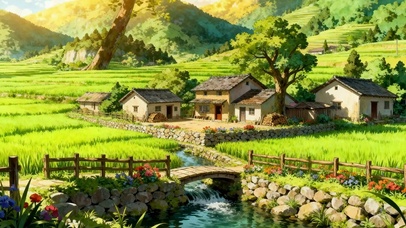 乡村稻田溪流老屋