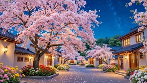 浪漫夜空樱花小镇