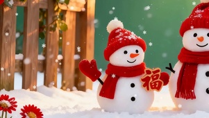 雪景树木下雪人双屏