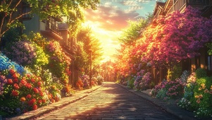 黄昏鲜花城市住宅街道