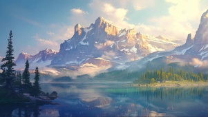 冬日晨雾高山静谧湖泊
