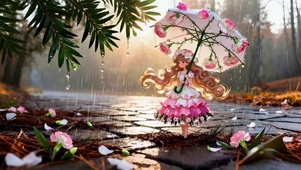 雨天鲜花裙女孩