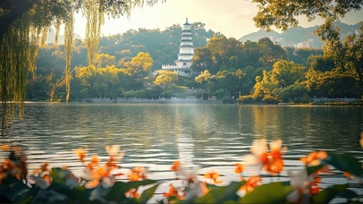 静谧夏日园林湖畔