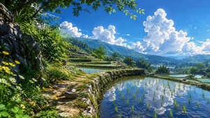 清新夏日山间梯田美景
