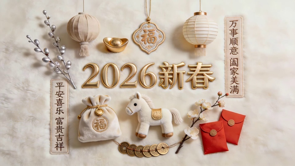 米白毛绒质感背景上的2026新春静物布置，居中摆放金色立体字、福字挂饰、小马玩偶、红包、铜钱、金元宝、红灯笼与花枝，两侧竖幅布质饰条带有竖排文字，低饱和暖调配色简约柔和。