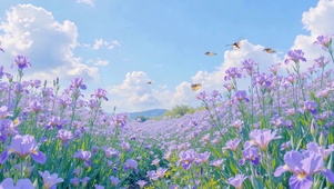 护眼蓝天下紫色花田