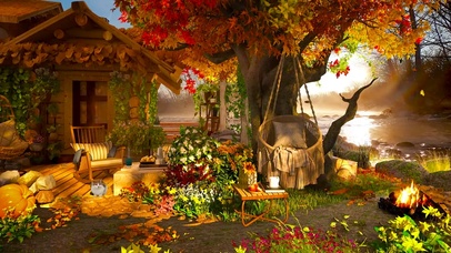 唯美河边红叶小屋