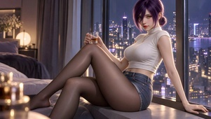 夜景窗边紫发美女蕾塞