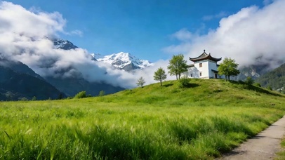 白云草地树木
