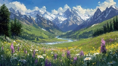 雪山夏日绿色花海森林