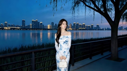 傍晚在湖边小道散步的时尚美女