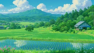 夏日动漫绿色田野