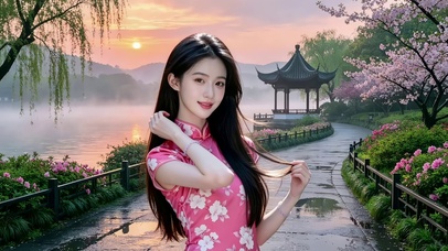 公园湖心亭小径踏青的旗袍美女