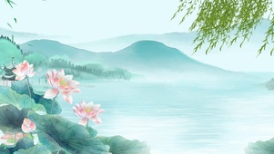 碧水蓝天绿色清新怡人水墨画古风