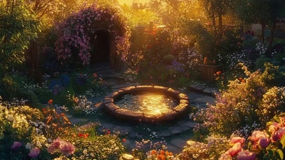 森林花海黄昏古井倒影