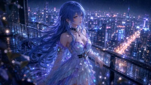 赛博都市雨夜蓝发美少女