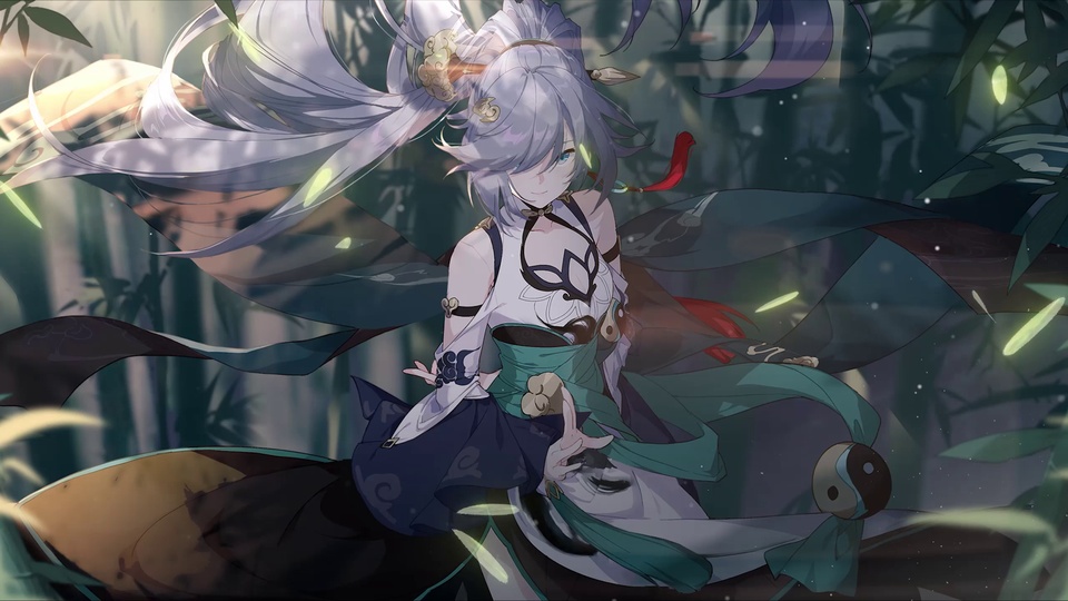 银灰长发古风少女立于朦胧竹林，飘带扬起，萤火飘浮，柔暖光线斜照。