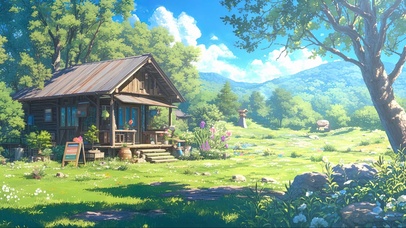 蓝天阳光清新森林小屋