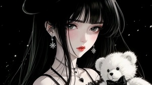 小熊和黑发红唇冷甜少女