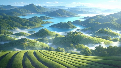 清新绿色云雾茶田