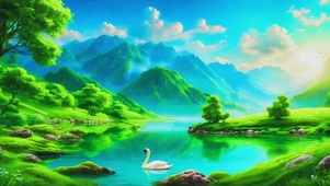 碧绿湖水中的天鹅
