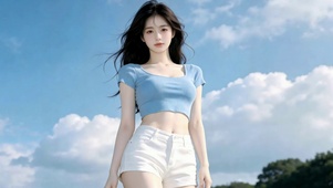 蓝天白云下甜美少女