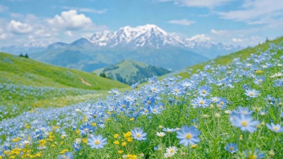 清新蓝色花海雪山风光