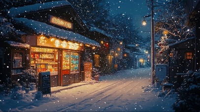 冬季夜晚静谧大雪商店
