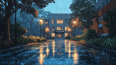校园傍晚静谧雨夜建筑