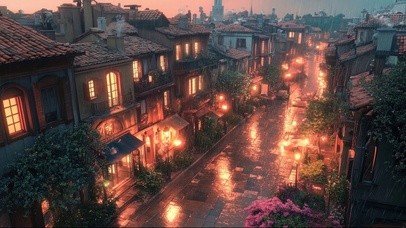 俯瞰小镇傍晚雨夜