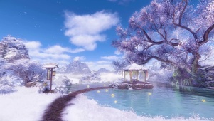 古风湖畔孤亭飘雪