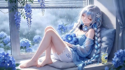 雨窗慵懒的银发麻花辫少女