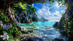 洞穴外清澈海湾治愈海景