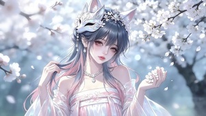 樱花树下面具狐耳少女