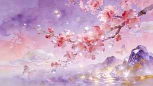 粉紫温柔新中式古风桃花源记插画