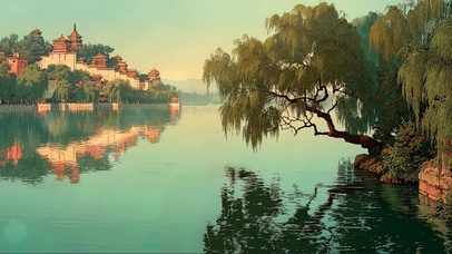 日出公园湖畔泛舟