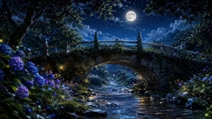 月夜星空溪流石拱桥